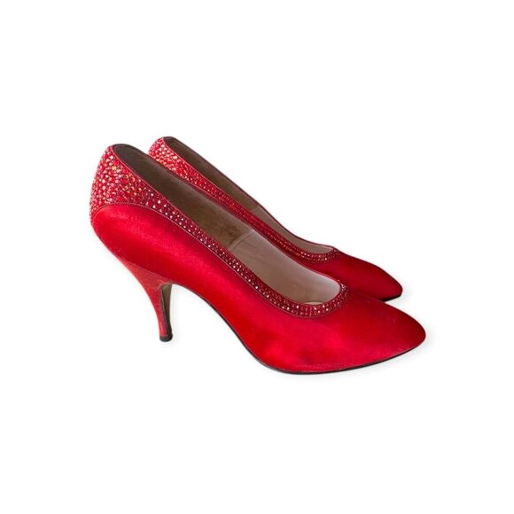 Vintage Delman Red Satin Rhinestone Heels 1950s Size 6B  Cocktail Pumps - Picture 8 of 15